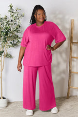 Double Take Full Size Round Neck Slit Top and Pants Set OutfitFlow