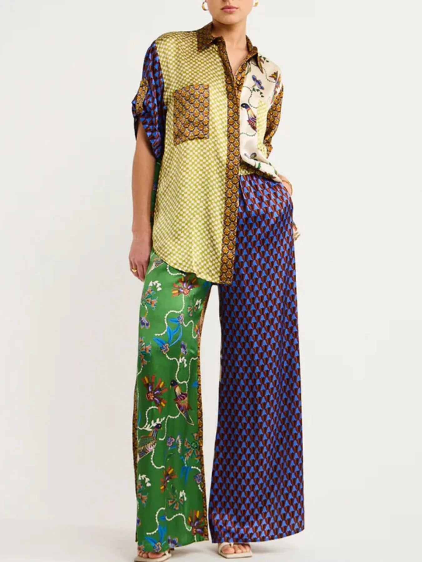 Printed Button Down Shirt and Pants Set OutfitFlow