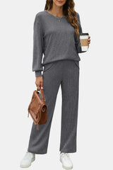 Outfit Flow - Round Neck Long Sleeve Top and Pants Set