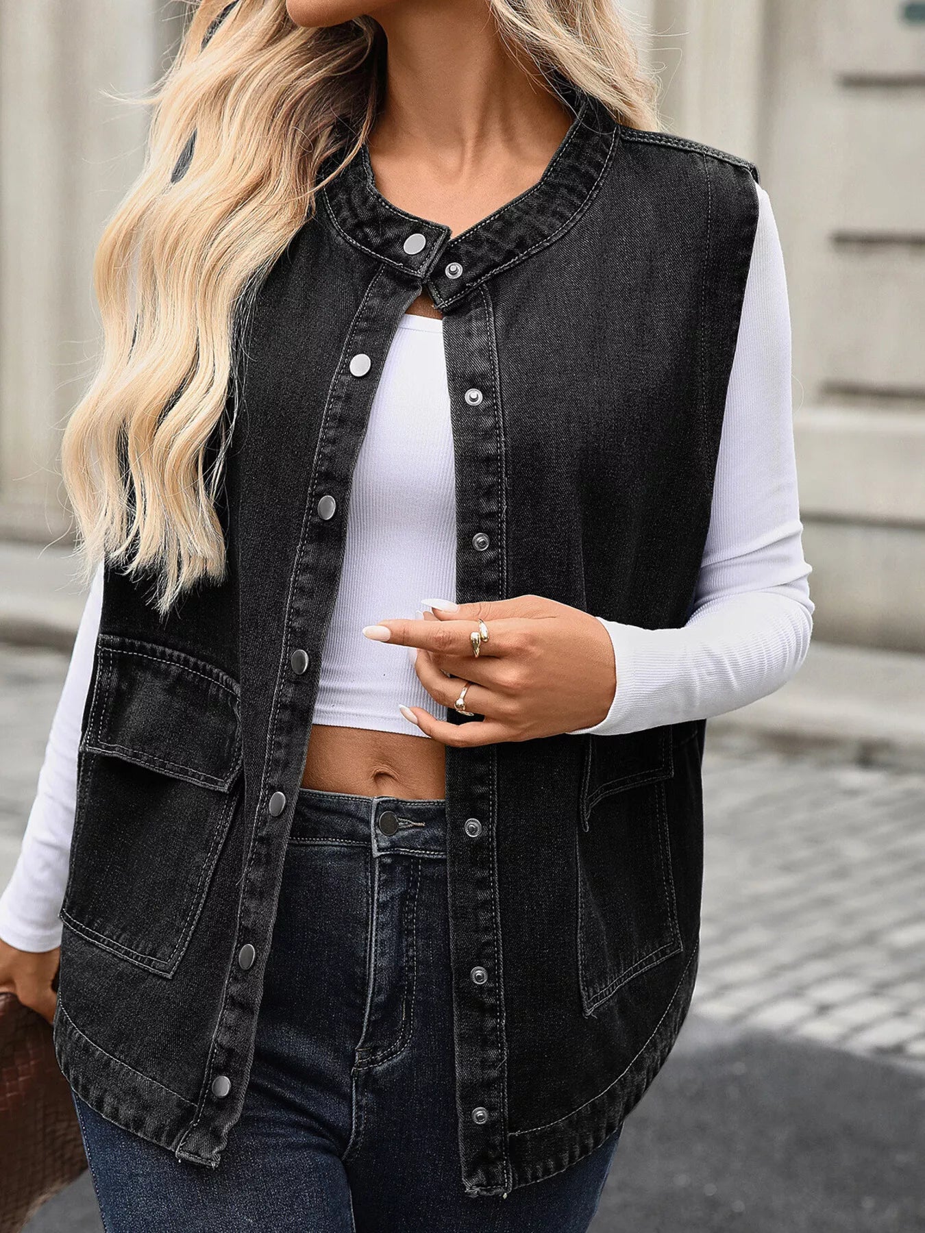 Snap Down Sleeveless Denim Jacket OutfitFlow