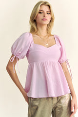 Davi & Dani Solid Elastic Peplum Puffed Sleeves Blouse OutfitFlow