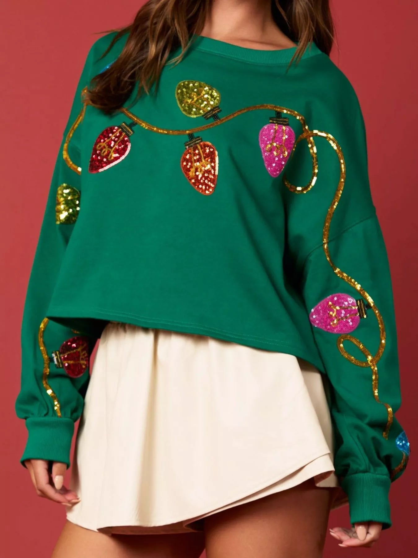 Christmas Holiday Lights Sequin Embellished Sweatshirt OutfitFlow