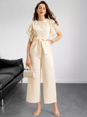 Lace Trim Belted Wide Leg Jumpsuit OutfitFlow