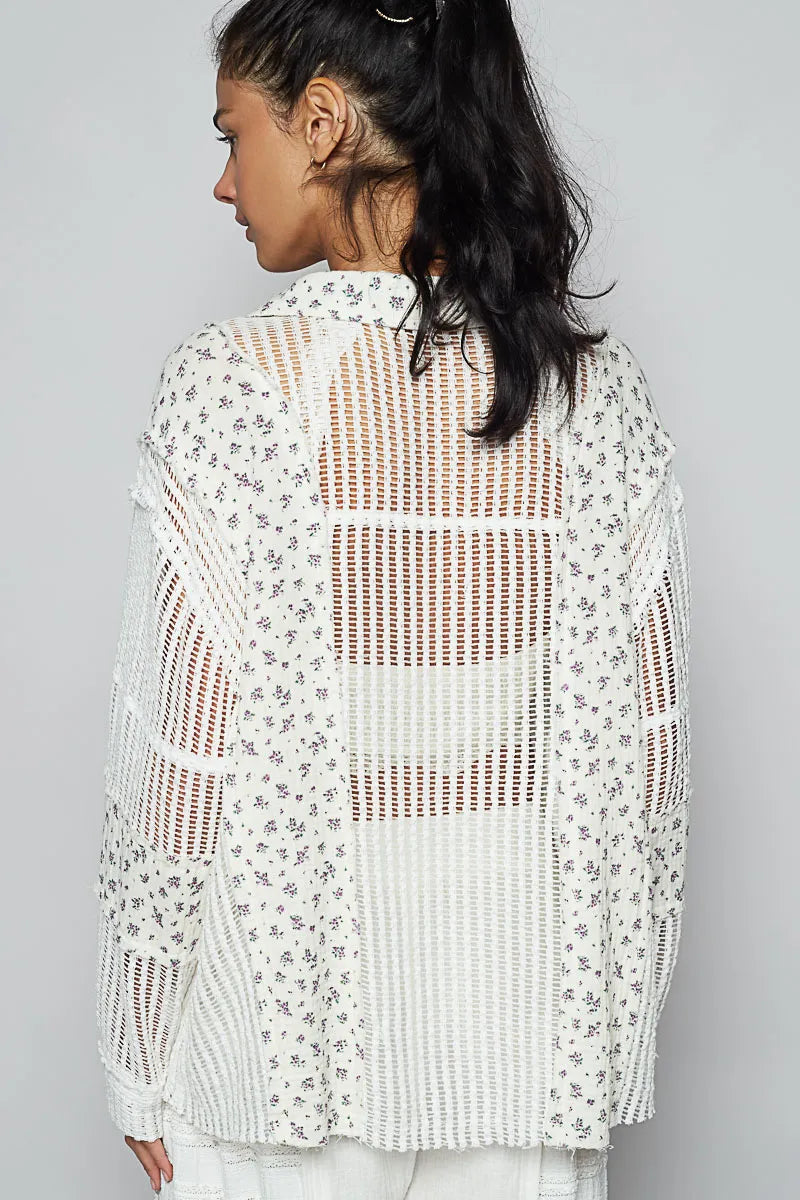 POL Floral Crochet Patchwork Long Sleeve Shirt OutfitFlow