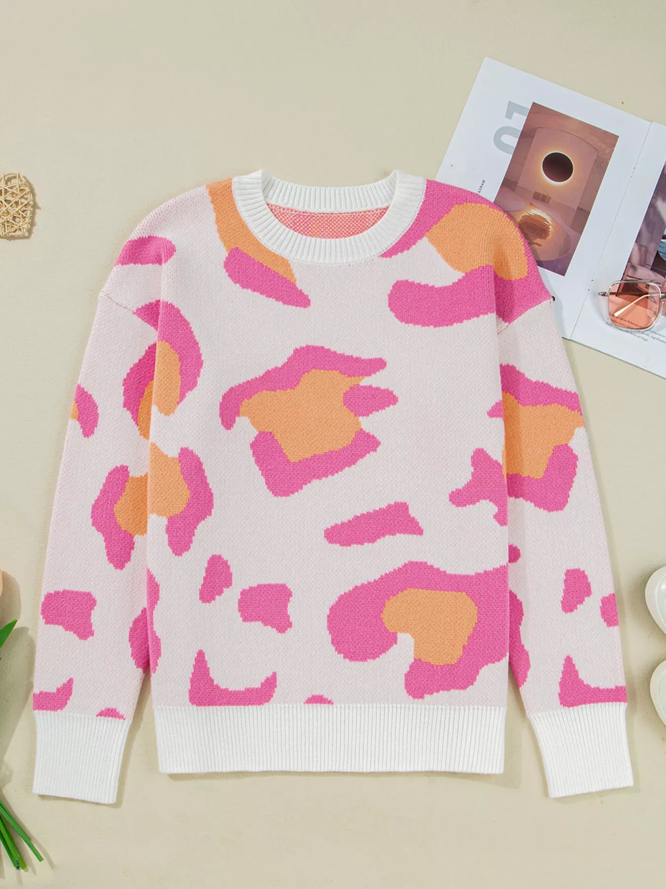 Leopard Print Drop Shoulder Baggy Sweater OutfitFlow