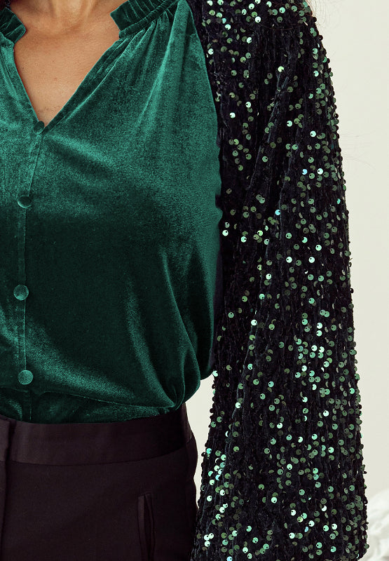 Outfit Flow - Sequin Notched Long Sleeve Blouse