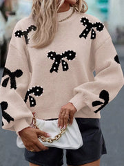Pearl Embellished Bow Pattern Loose Sweater OutfitFlow