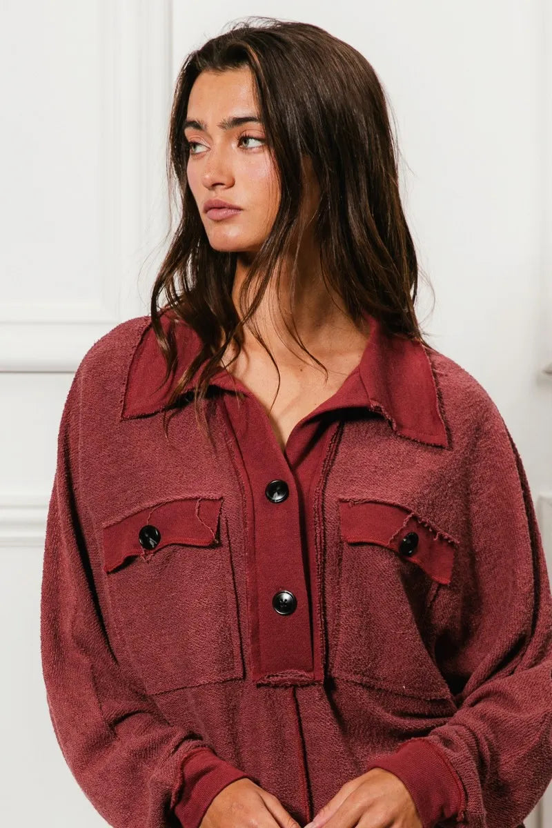 BiBi Cp French Terry Cut Edge Detail Collared Top OutfitFlow