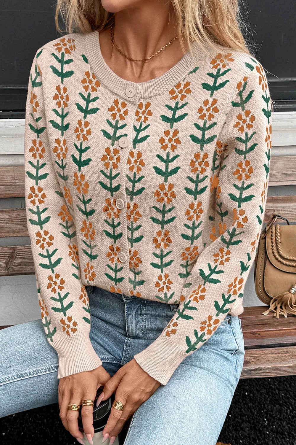 Floral Button-Up Knit Cardigan OutfitFlow