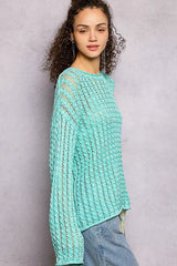 POL Openwork Round Neck Knit Top with Shiny Detail OutfitFlow