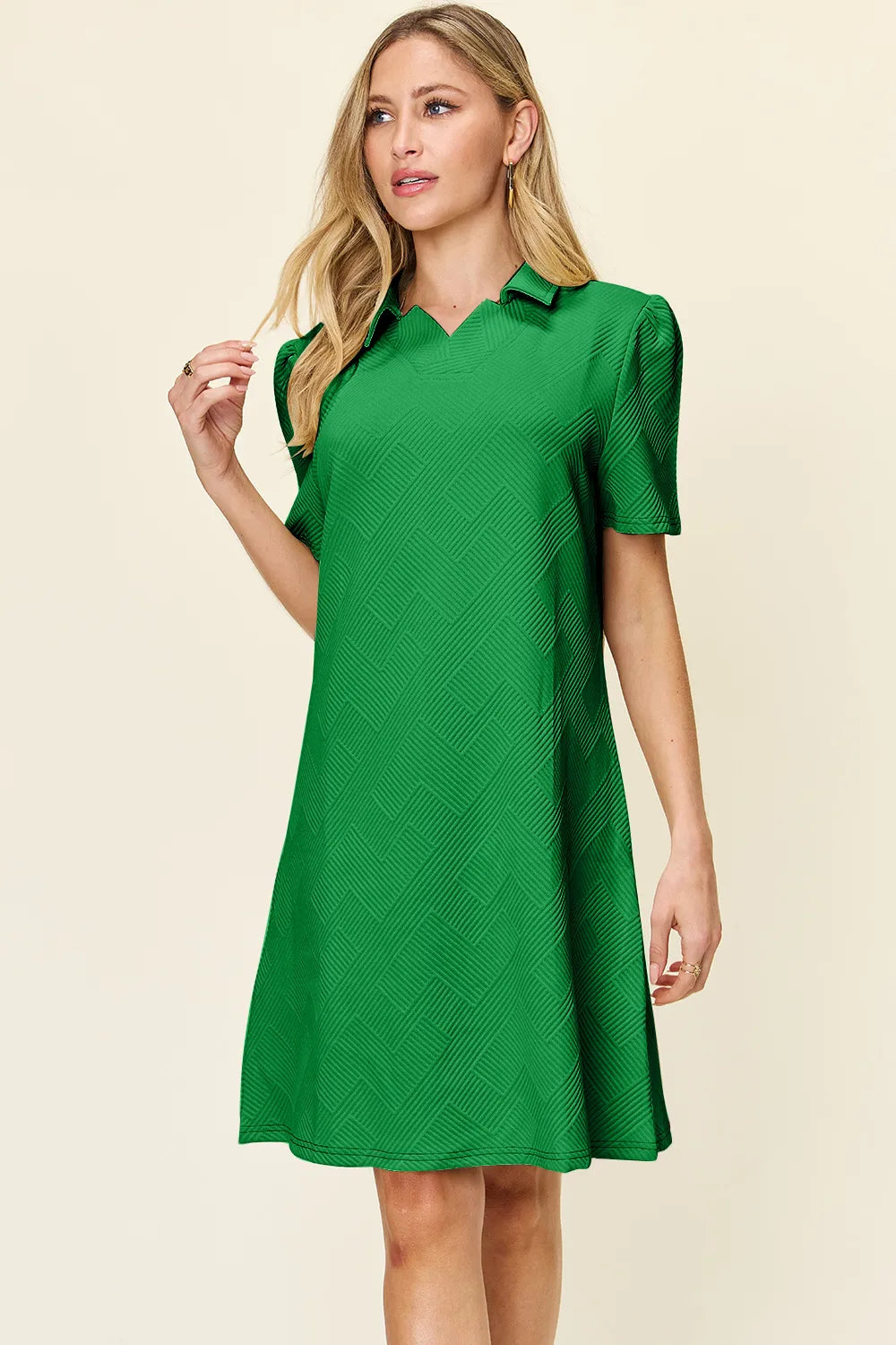Double Take Full Size Texture Collared Neck Short Sleeve Dress Mid Green OutfitFlow