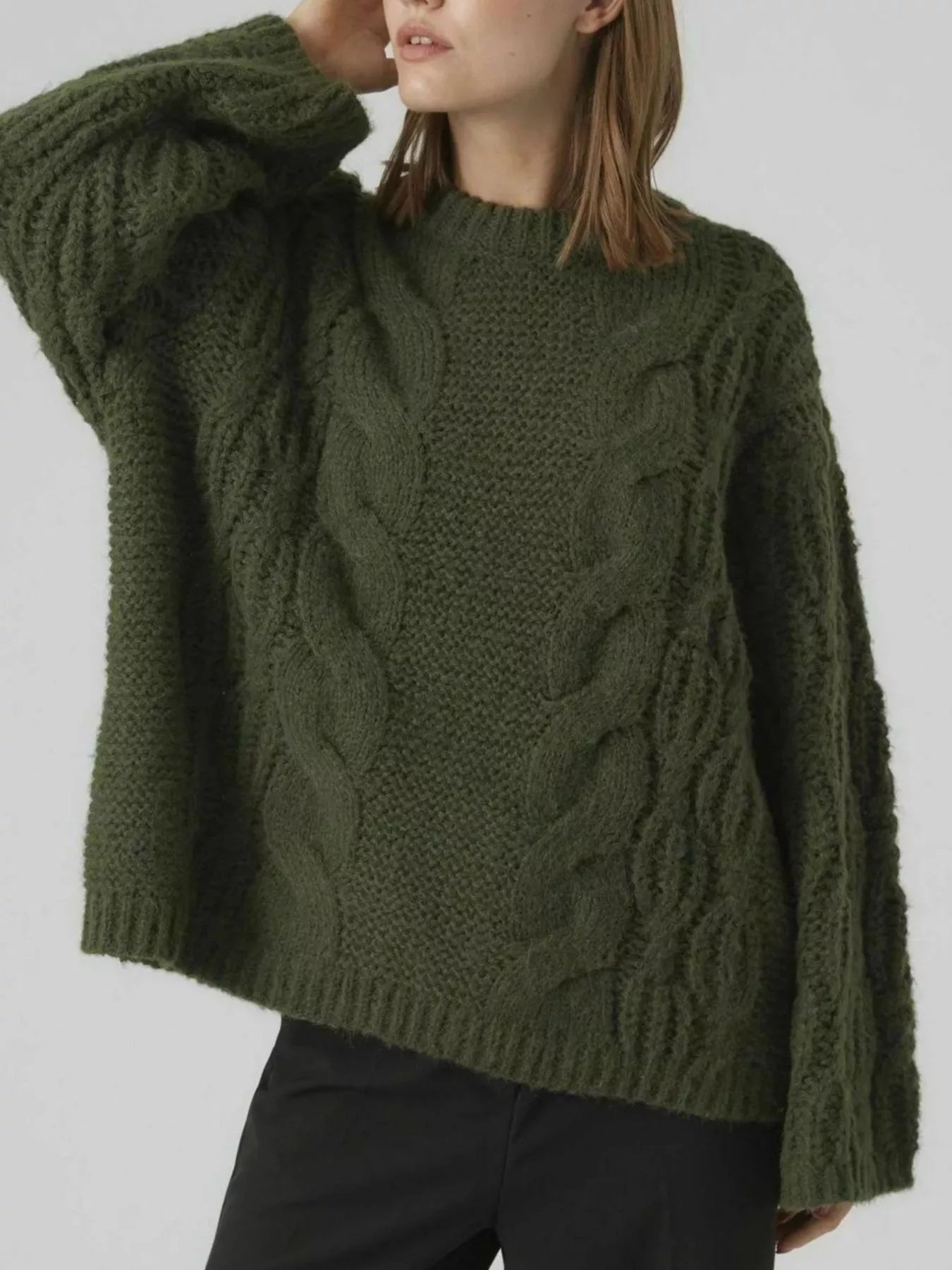 Cable Knit Oversized Sweater Army Green OutfitFlow