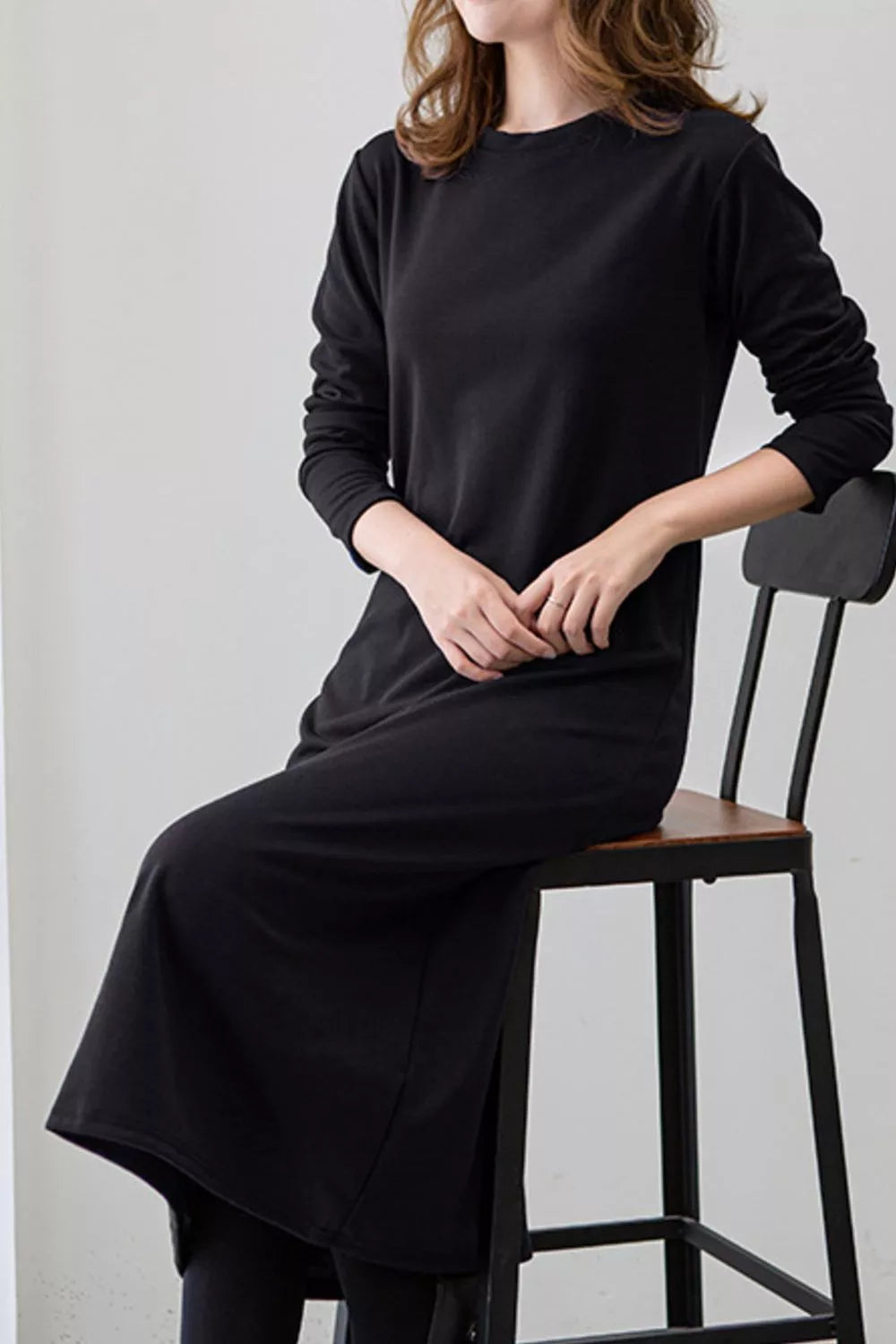 Casual Long Sleeve Midi Dress Black OutfitFlow