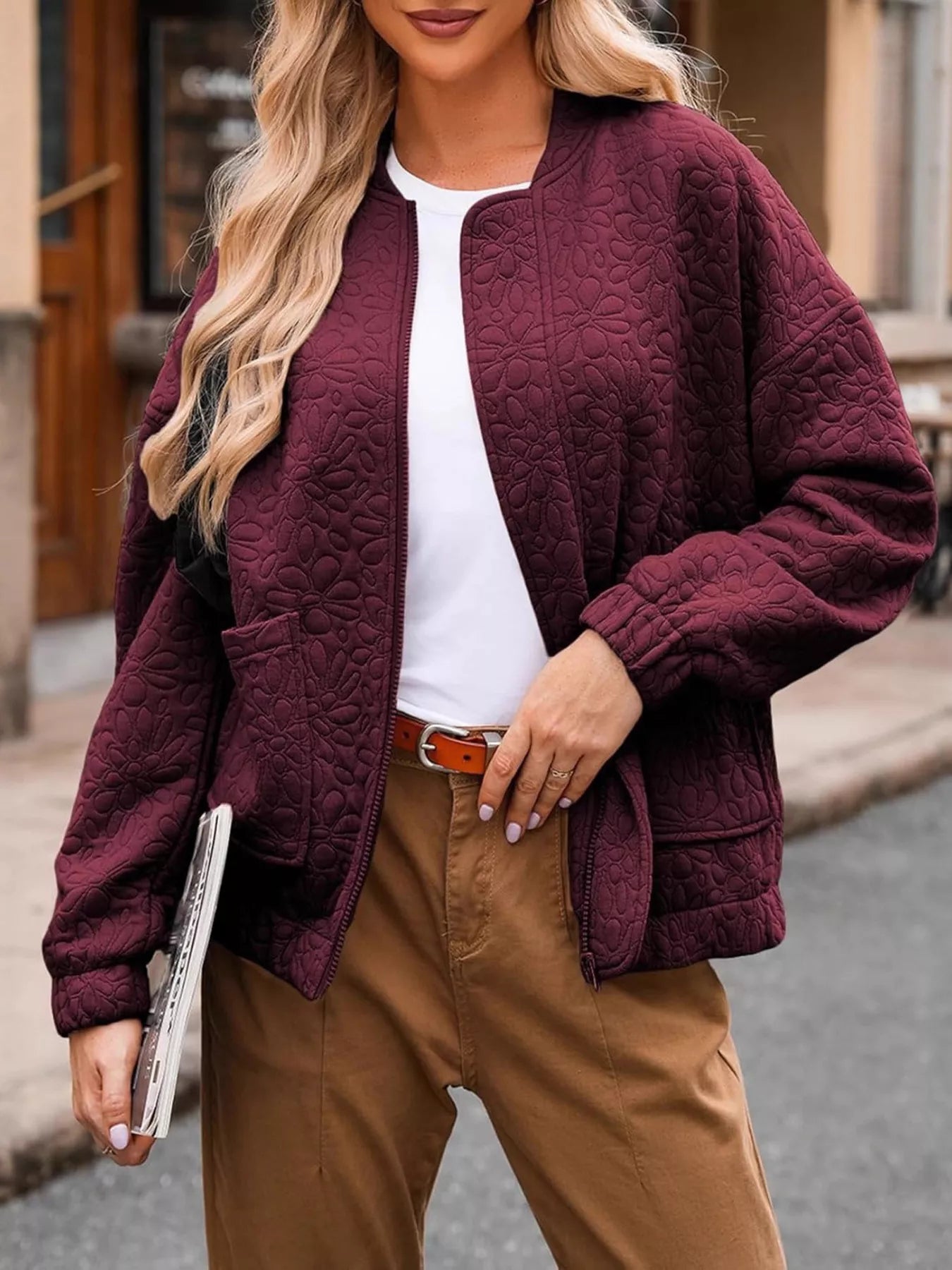 Full Size Floral Quilted Zip Up Jacket Plus Size Wine Red Trendsi