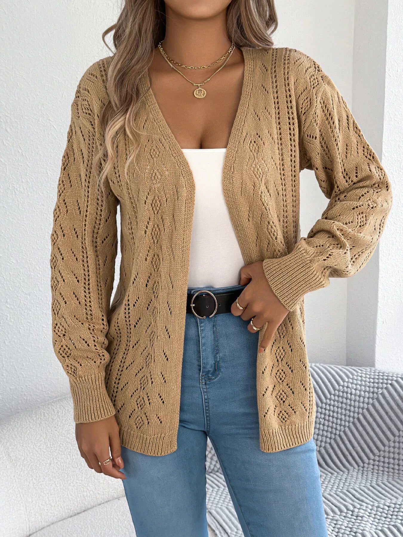 Openwork Open Front Cardigan OutfitFlow