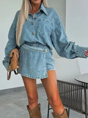 Button-Front Shirt and Mini Skirt Oversized Denim Set OutfitFlow