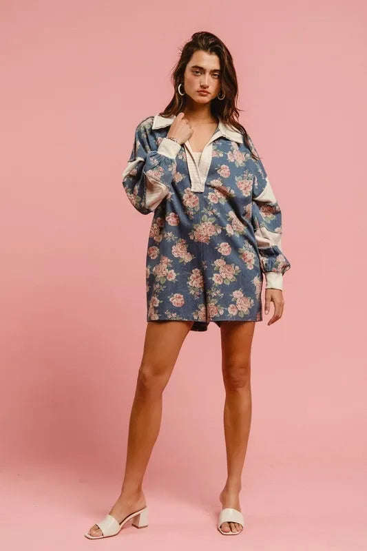 BiBi Washed Floral Denim Romper With Contrast Collar OutfitFlow