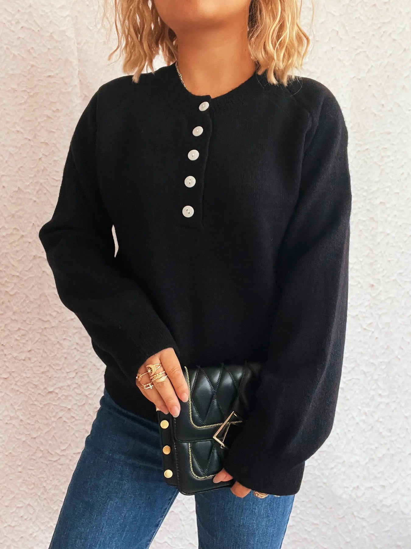 Button-Front Long Sleeve Sweater OutfitFlow