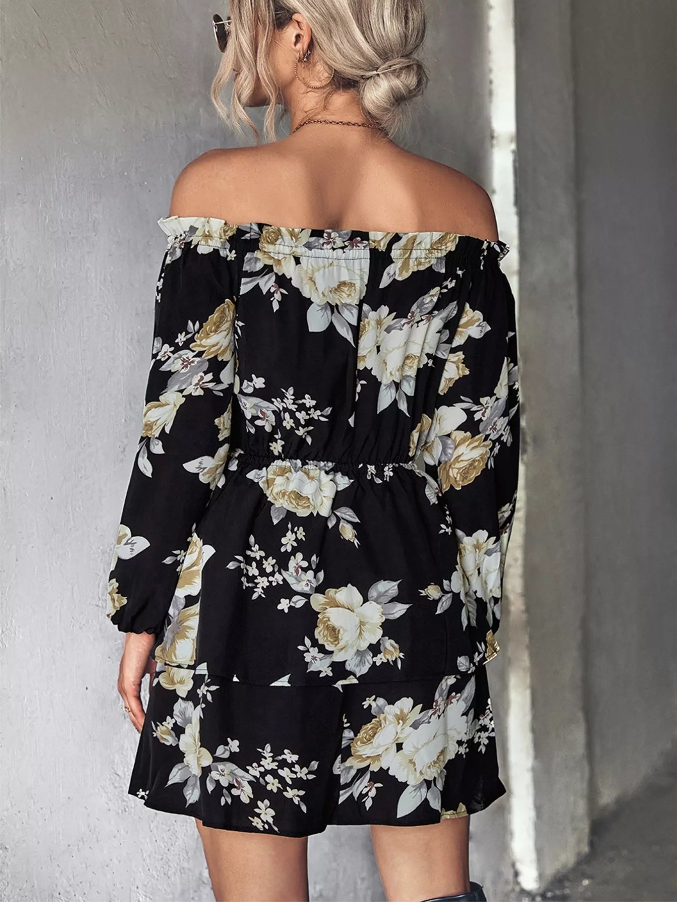 Off-Shoulder Floral Print Long Sleeve Mini Dress OutfitFlow