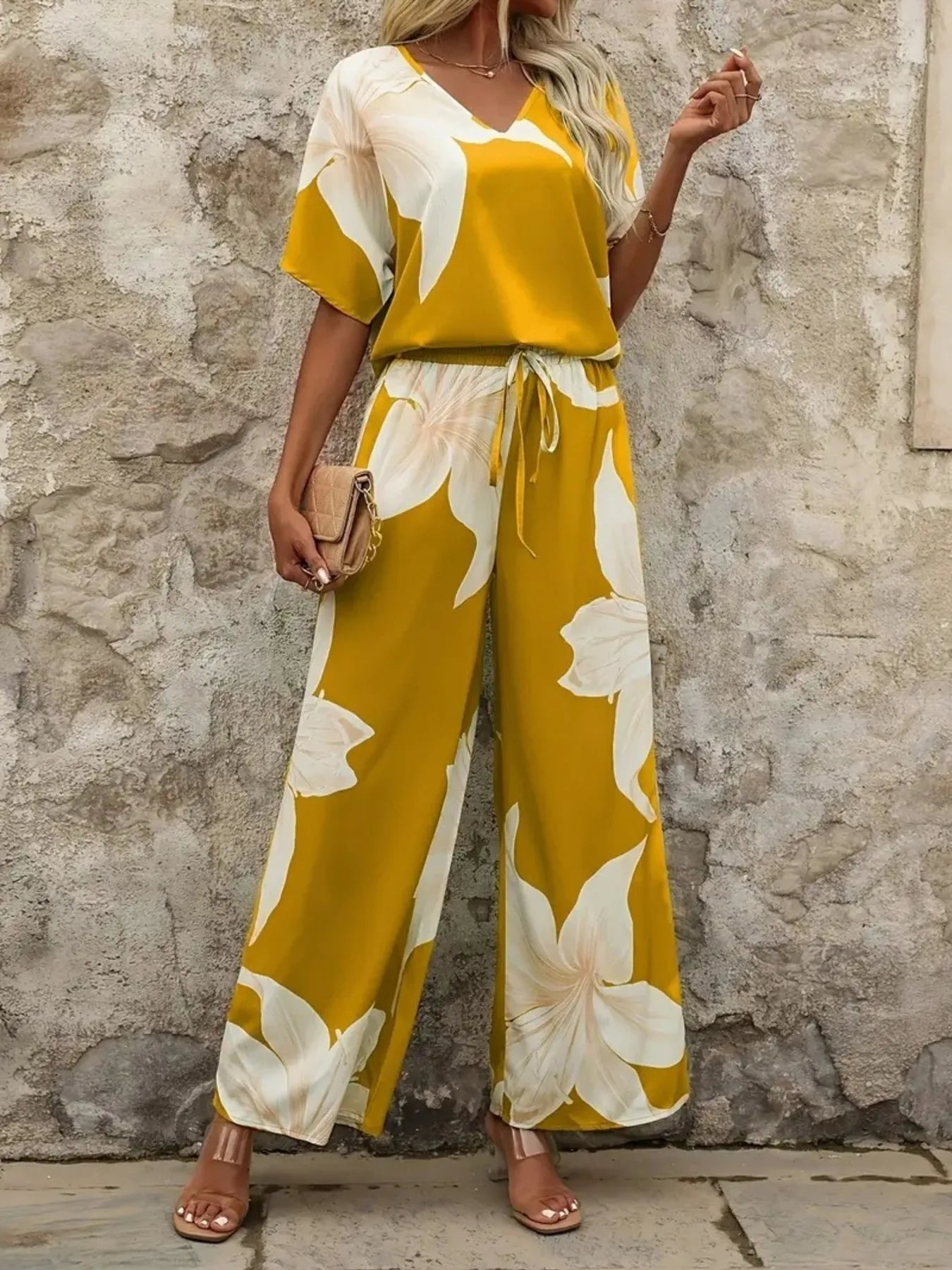 Printed V-Neck Top and Pants Set OutfitFlow