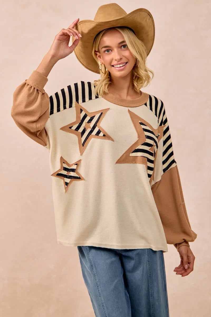 BiBi Star Patchwork Mixed Long Sleeve Top OutfitFlow