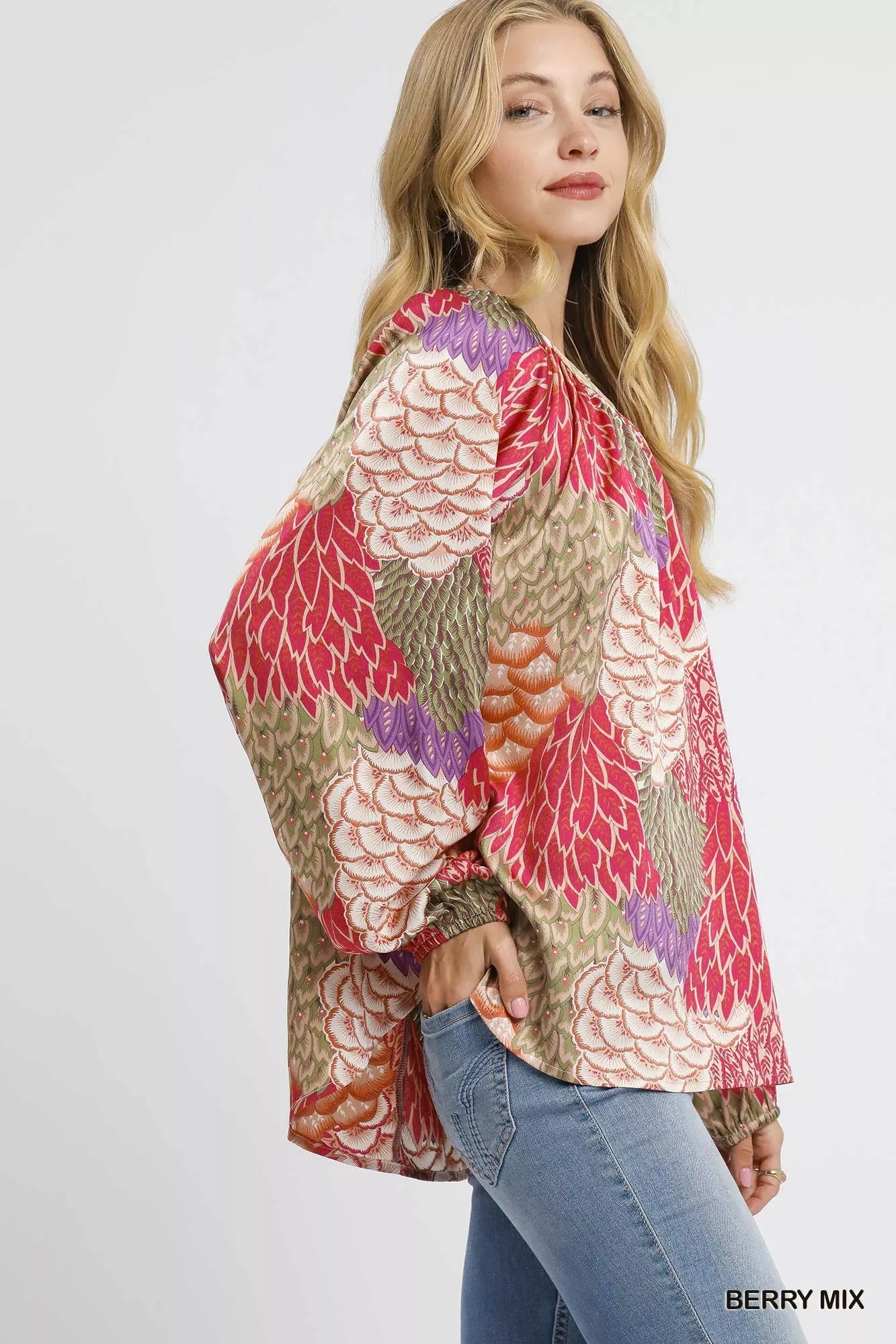 Umgee Boho Feather Print Peasant Blouse Trendsi
