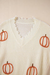 Raw Hem Pumpkin V-Neck Long Sleeve Sweater OutfitFlow