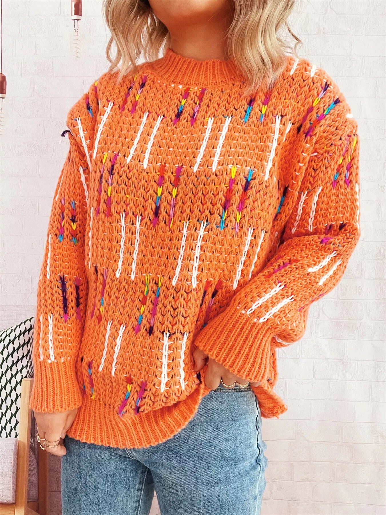Colorful Round Neck Long Sleeve Sweater OutfitFlow