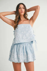 MABLE Embroidered Crop Cami and Balloon Mini Skirt Set Lt Blue OutfitFlow