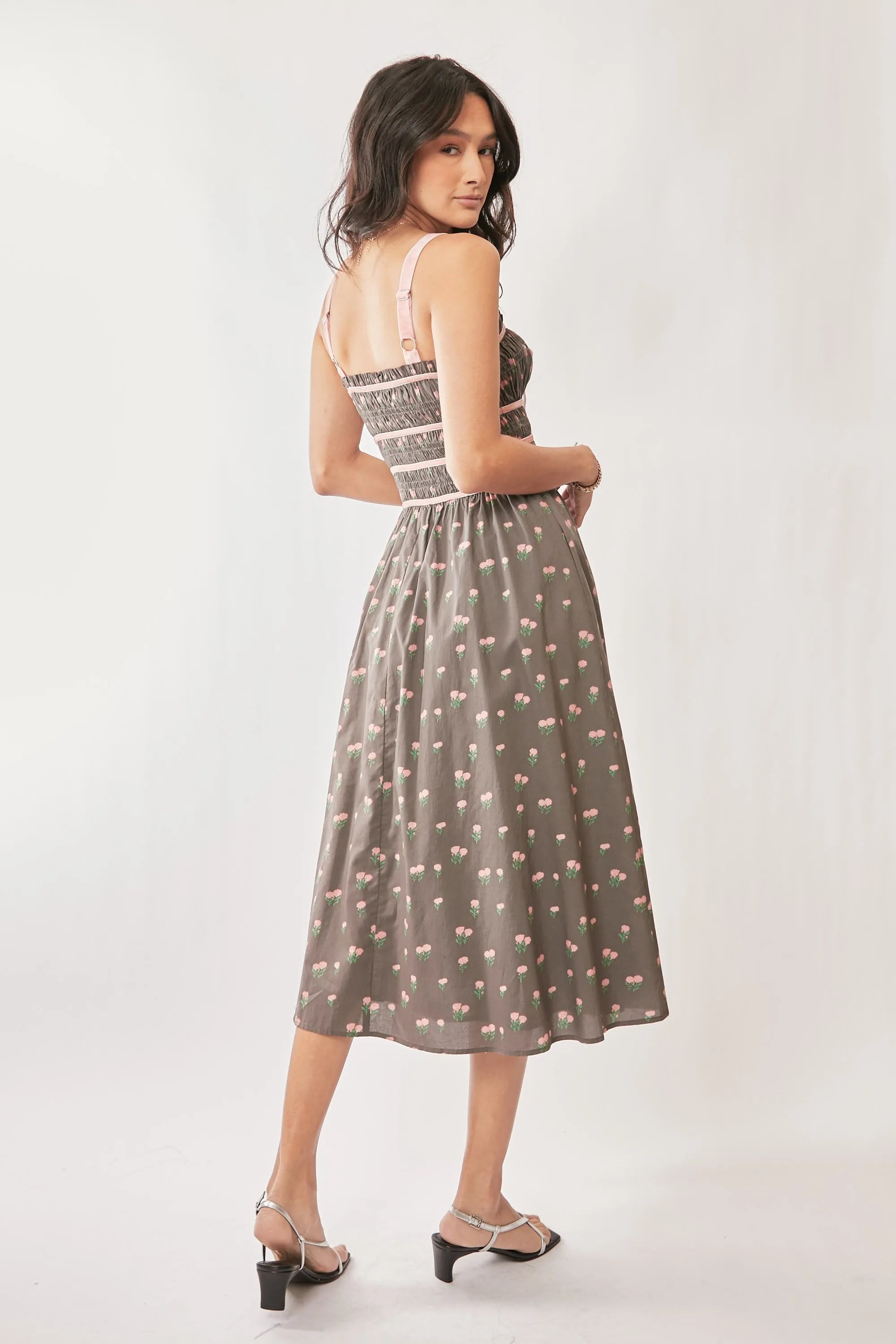 Davi & Dani Contrast Velvet Tape Smocking Bodice Midi Dress OutfitFlow