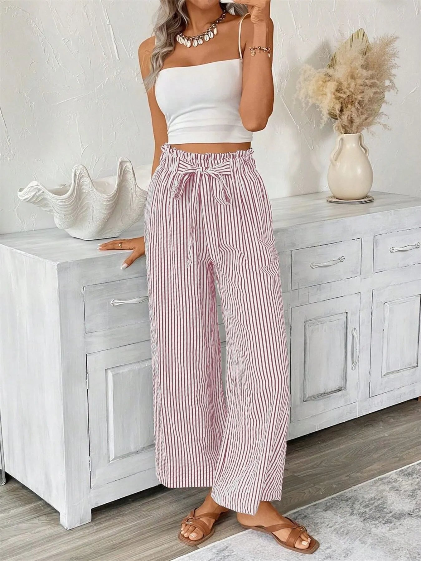 Full Size Striped Wide Leg Paper Bag Pants Plus Size OutfitFlow