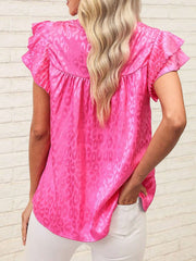 Leopard Frill Mock Neck Ruffled Cap Sleeve Top