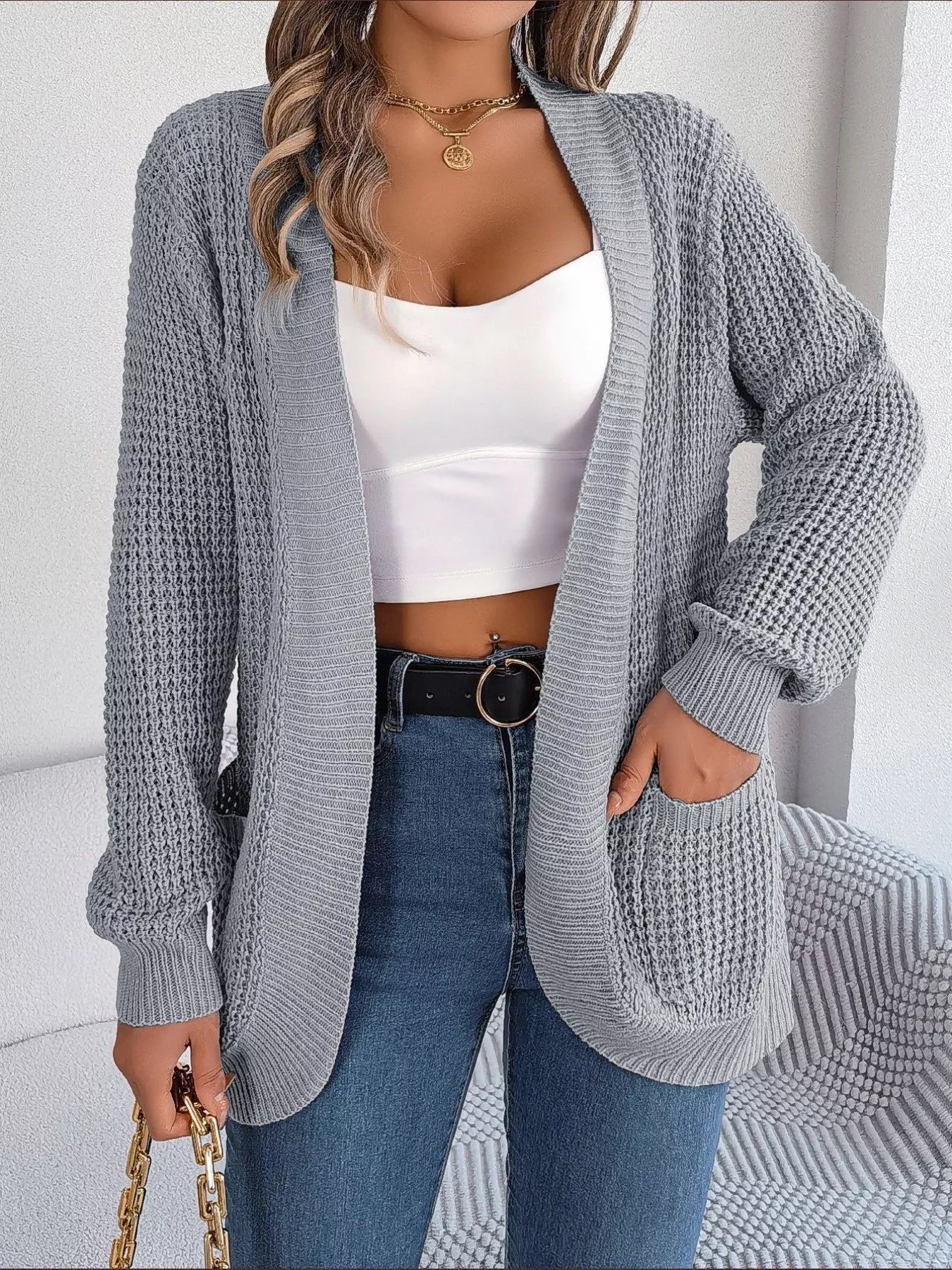 Chunky Knit Open Front Cardigan with Pockets OutfitFlow