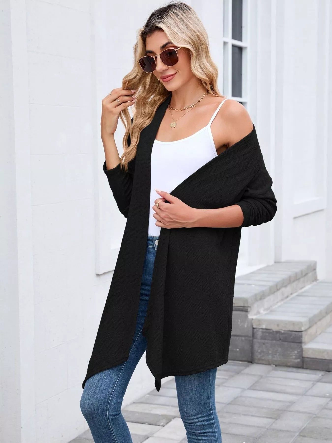 Open Front Long Cardigan Black OutfitFlow