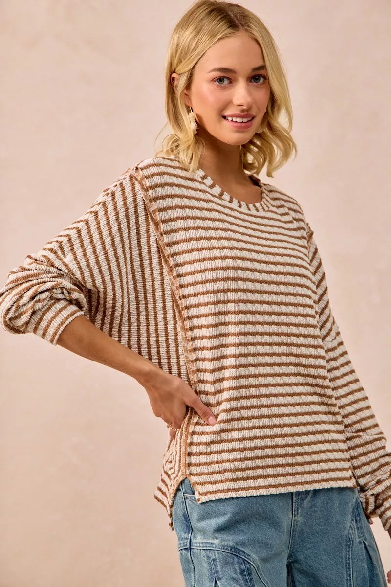 BiBi Open Seam Detail Textured Stripe Knit Top OutfitFlow