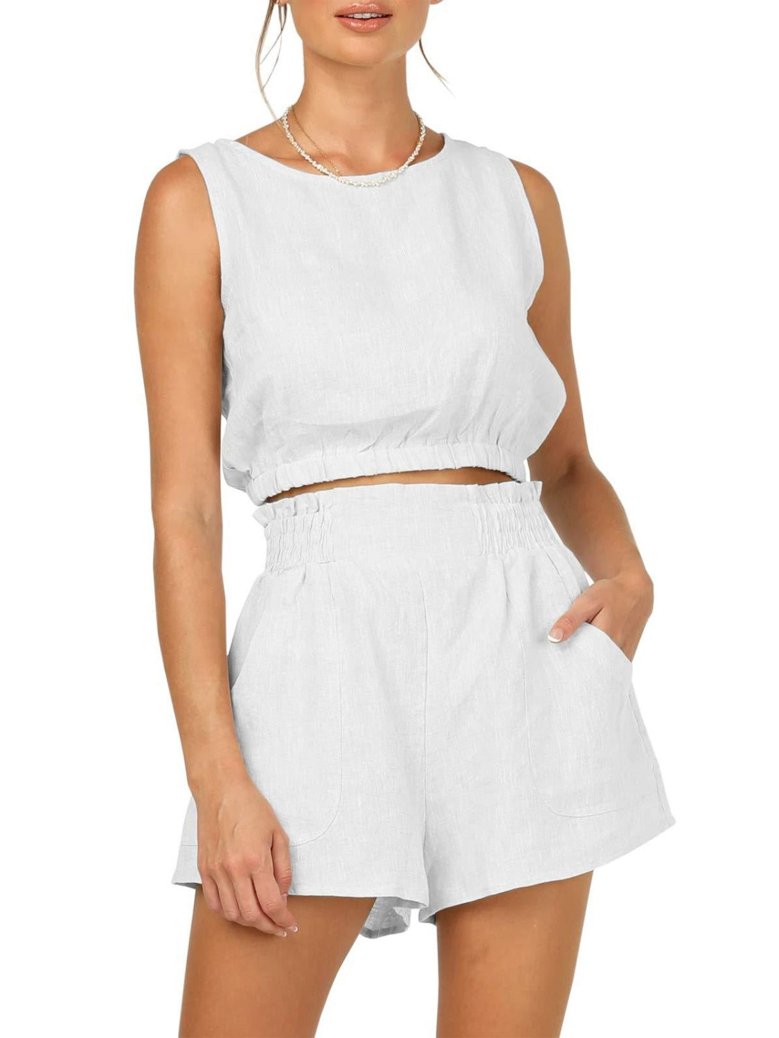 Outfit Flow - Round Neck Sleeveless Top and Shorts Set