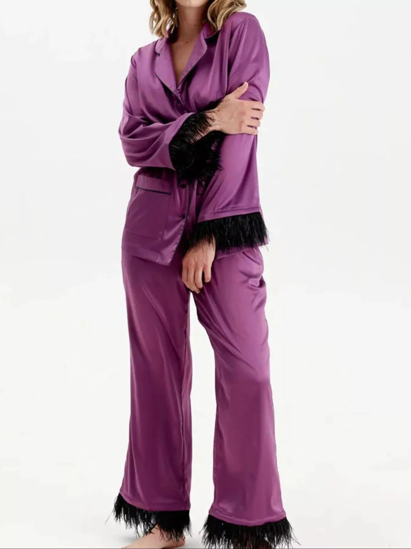 Silky Button Up Top and Pants Lounge Set Purple OutfitFlow