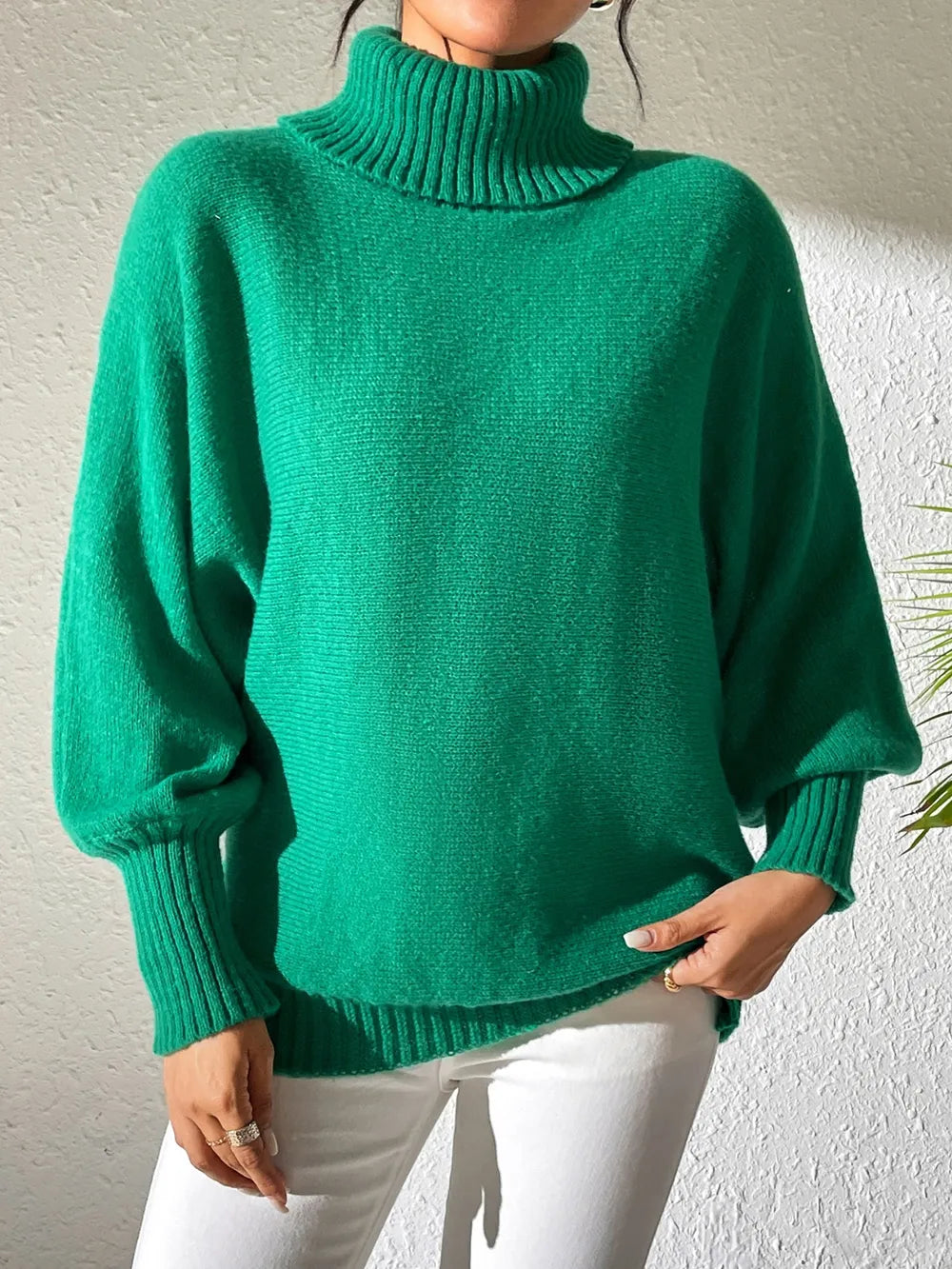 Turtleneck Long Sleeve Sweater Dark Green OutfitFlow