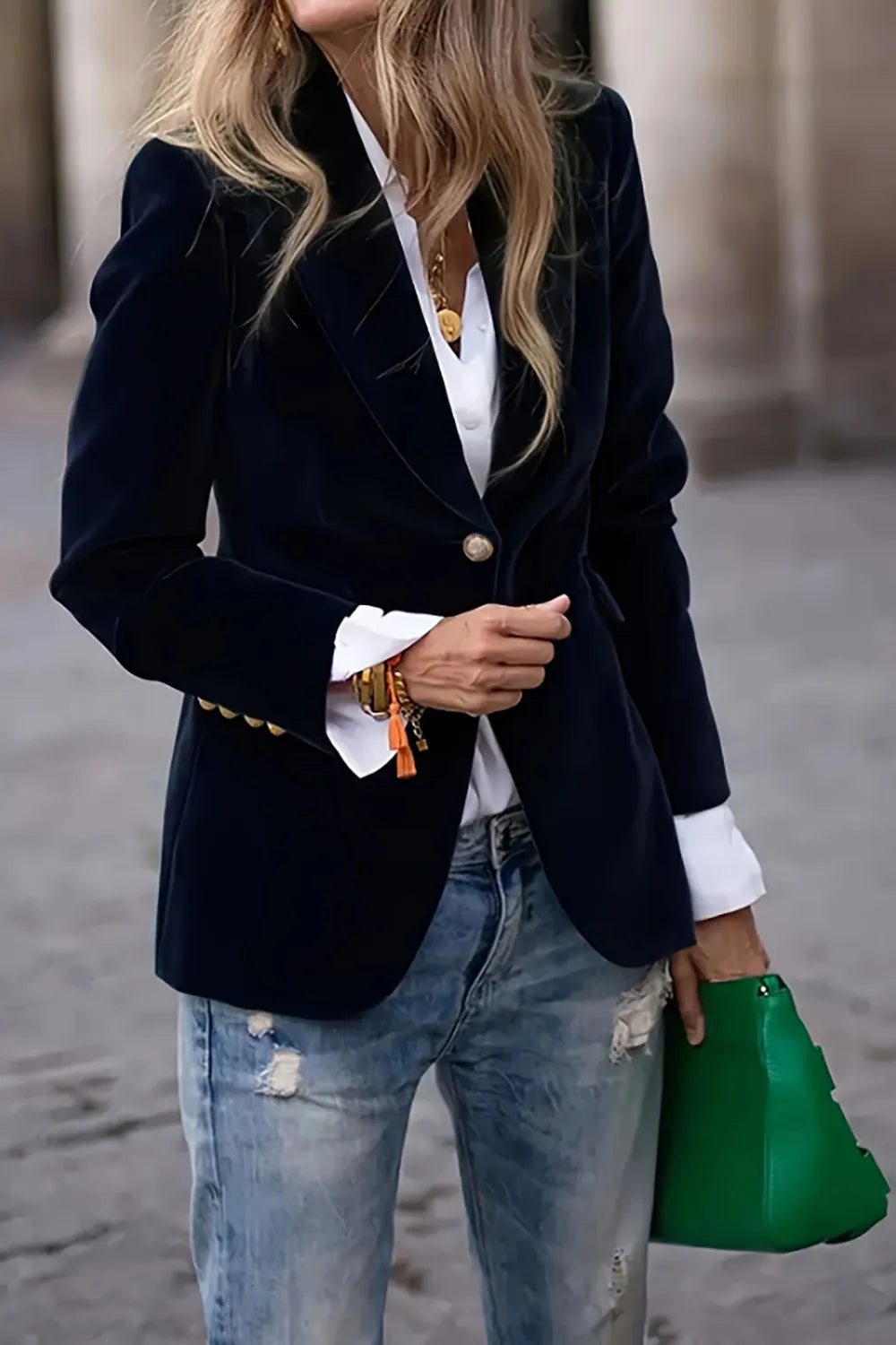 One Button Lapel Collar Long Sleeve Blazer Black Trendsi