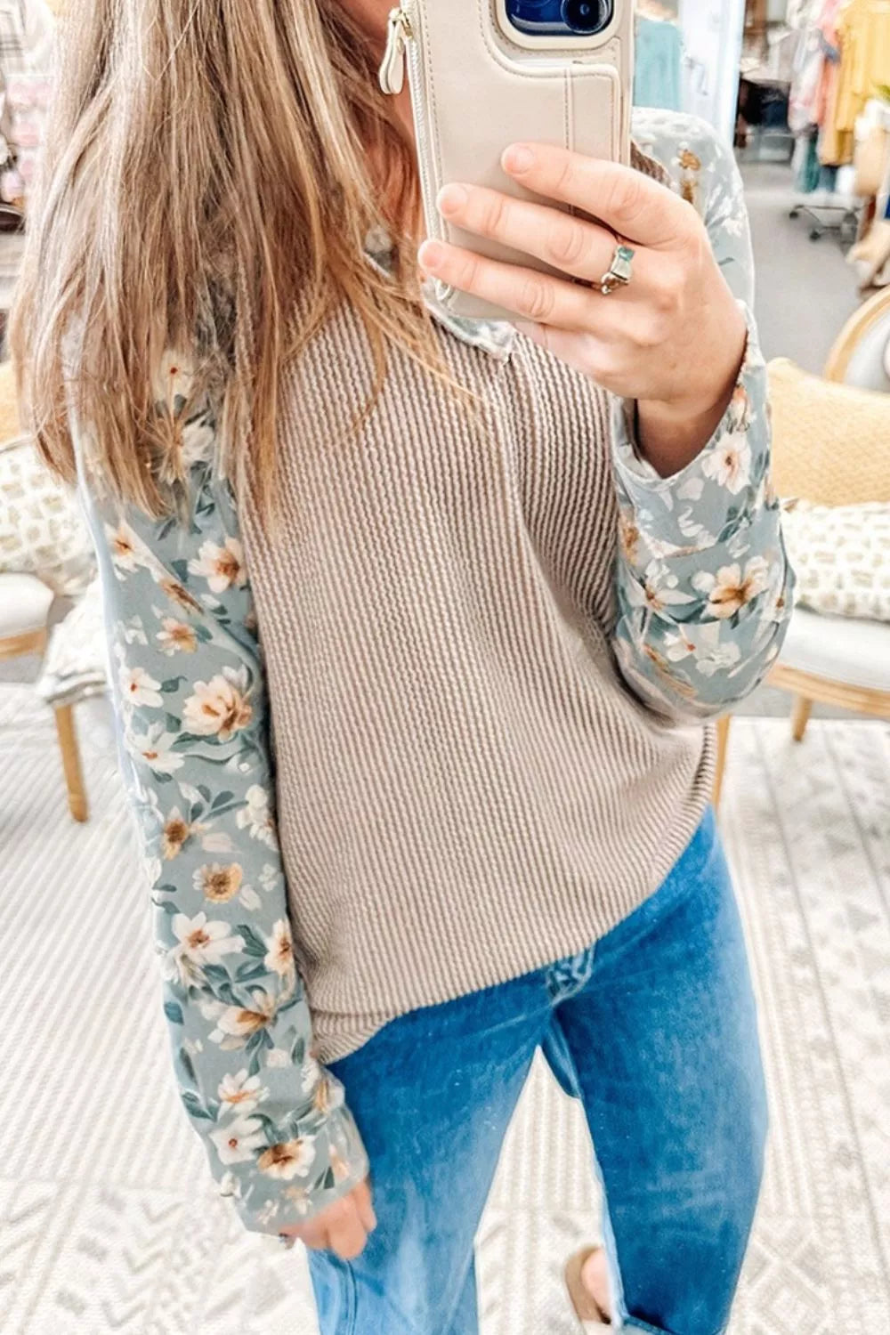 Floral Long Sleeve Round Neck Blouse OutfitFlow