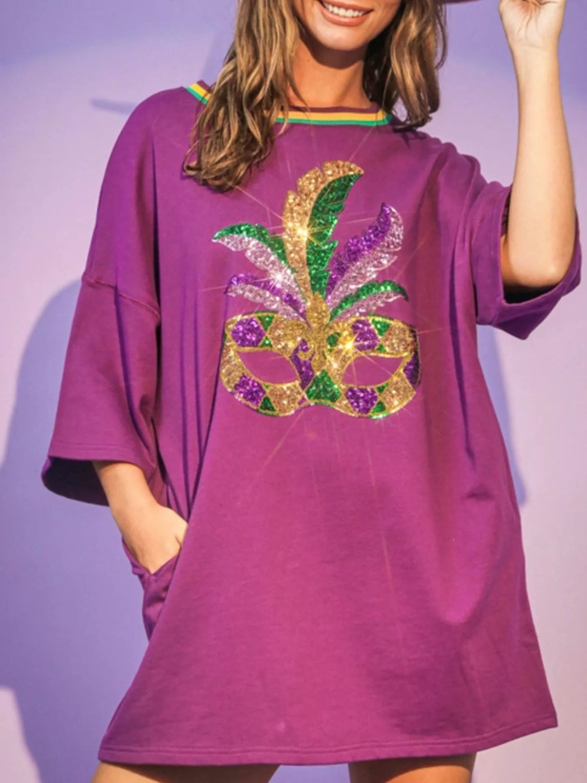 Sequin Round Neck 3/4 Sleeve Dress Purple OutfitFlow