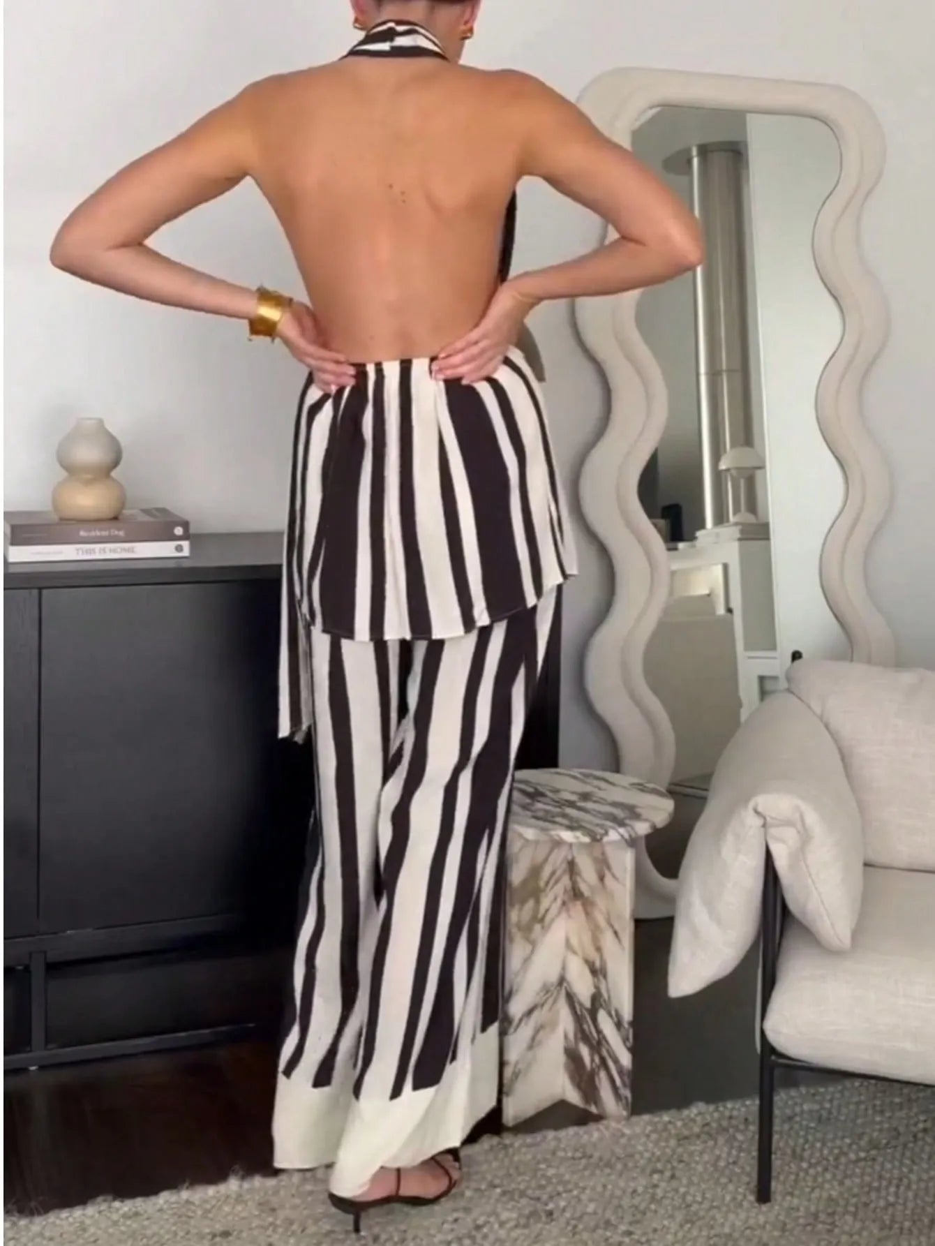 Striped Halter Neck Top and Pants Two-Piece Set OutfitFlow