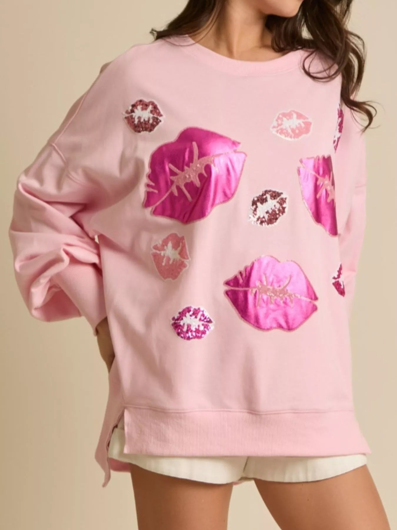 Lips Round Neck Dropped Shoulder Sweatshirt OutfitFlow