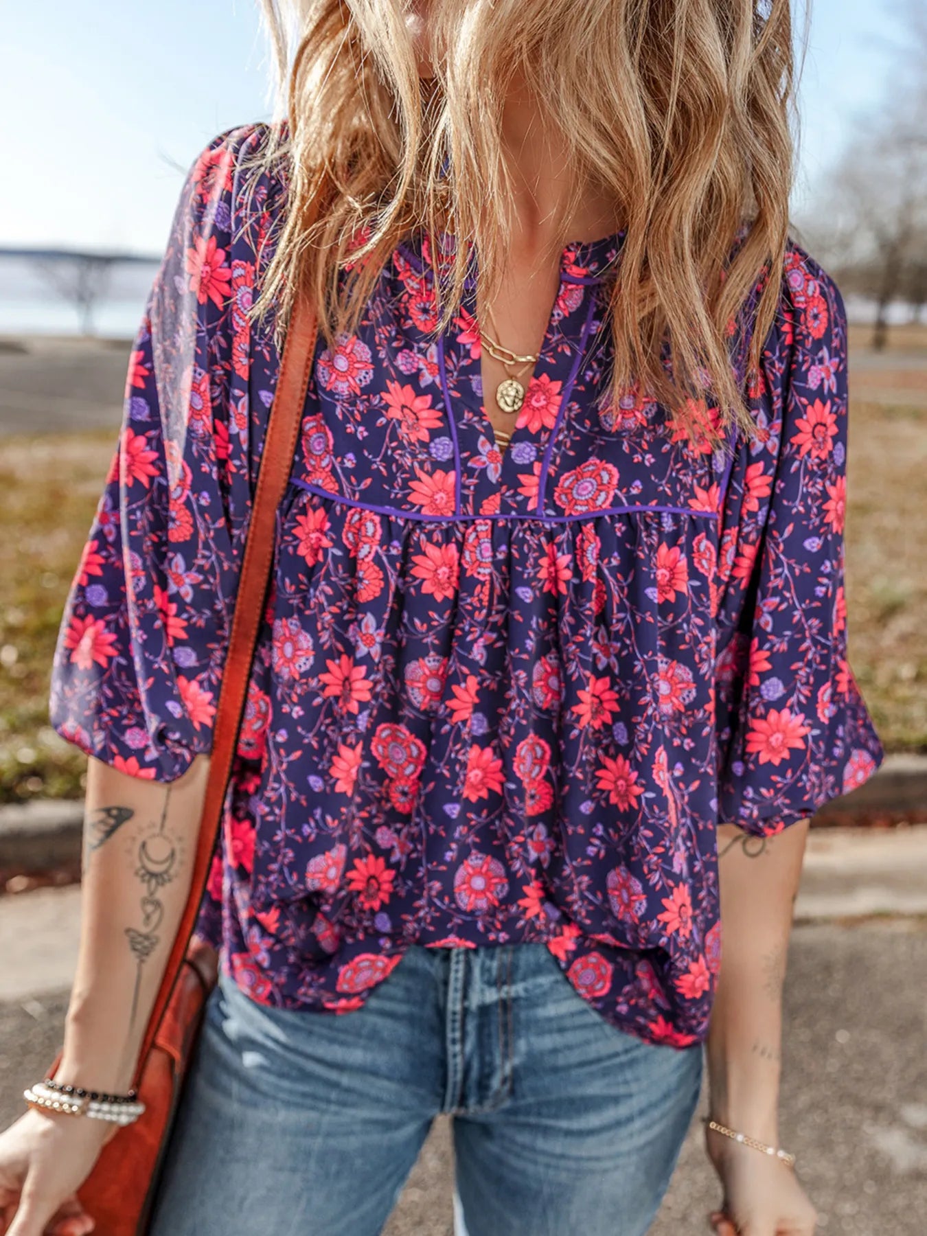 Floral Half Sleeve Split Neck Blouse Top OutfitFlow