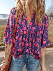 Floral Half Sleeve Split Neck Blouse Top OutfitFlow