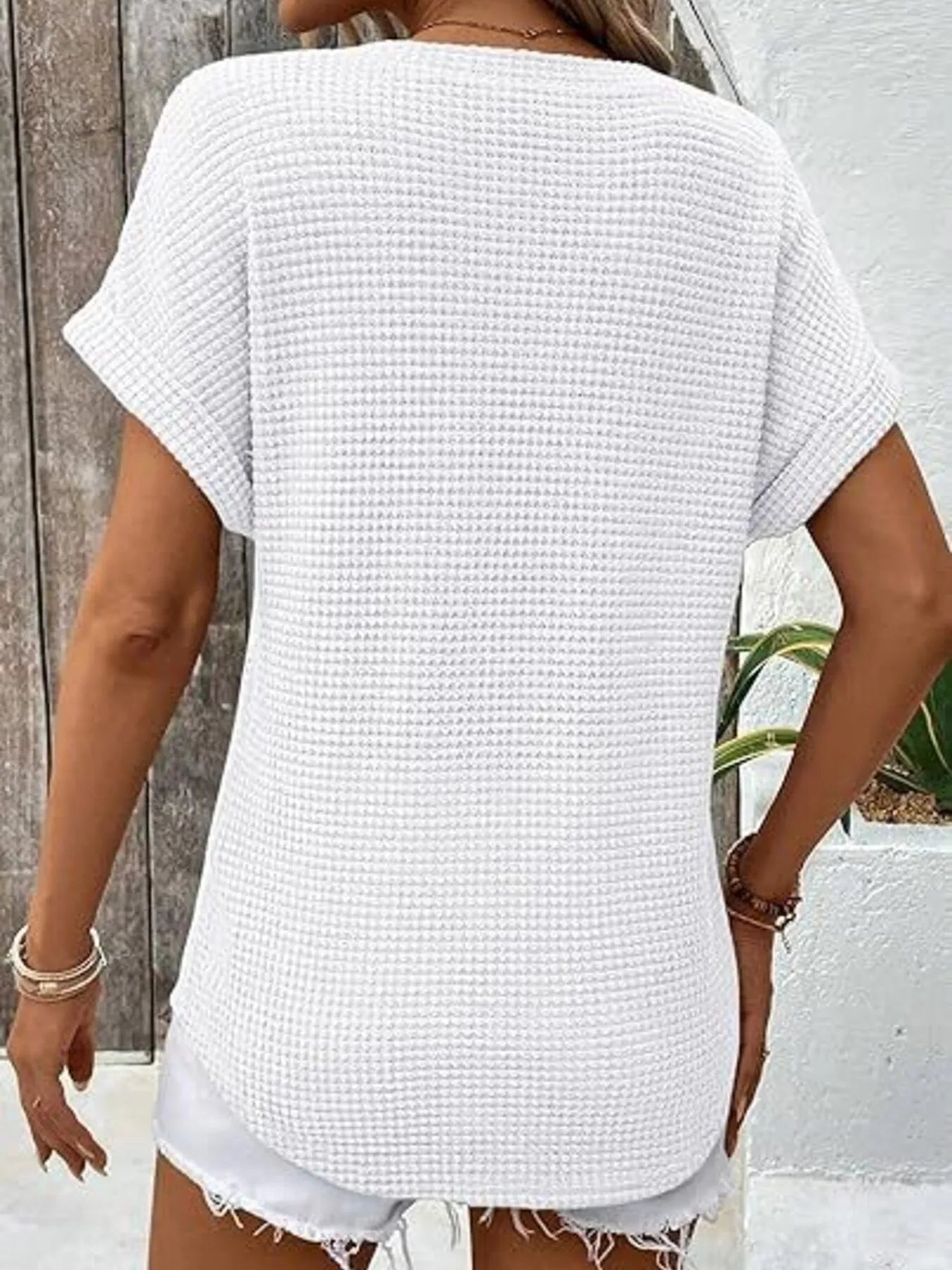 Waffle Knit V-Neck Casual T-Shirt OutfitFlow