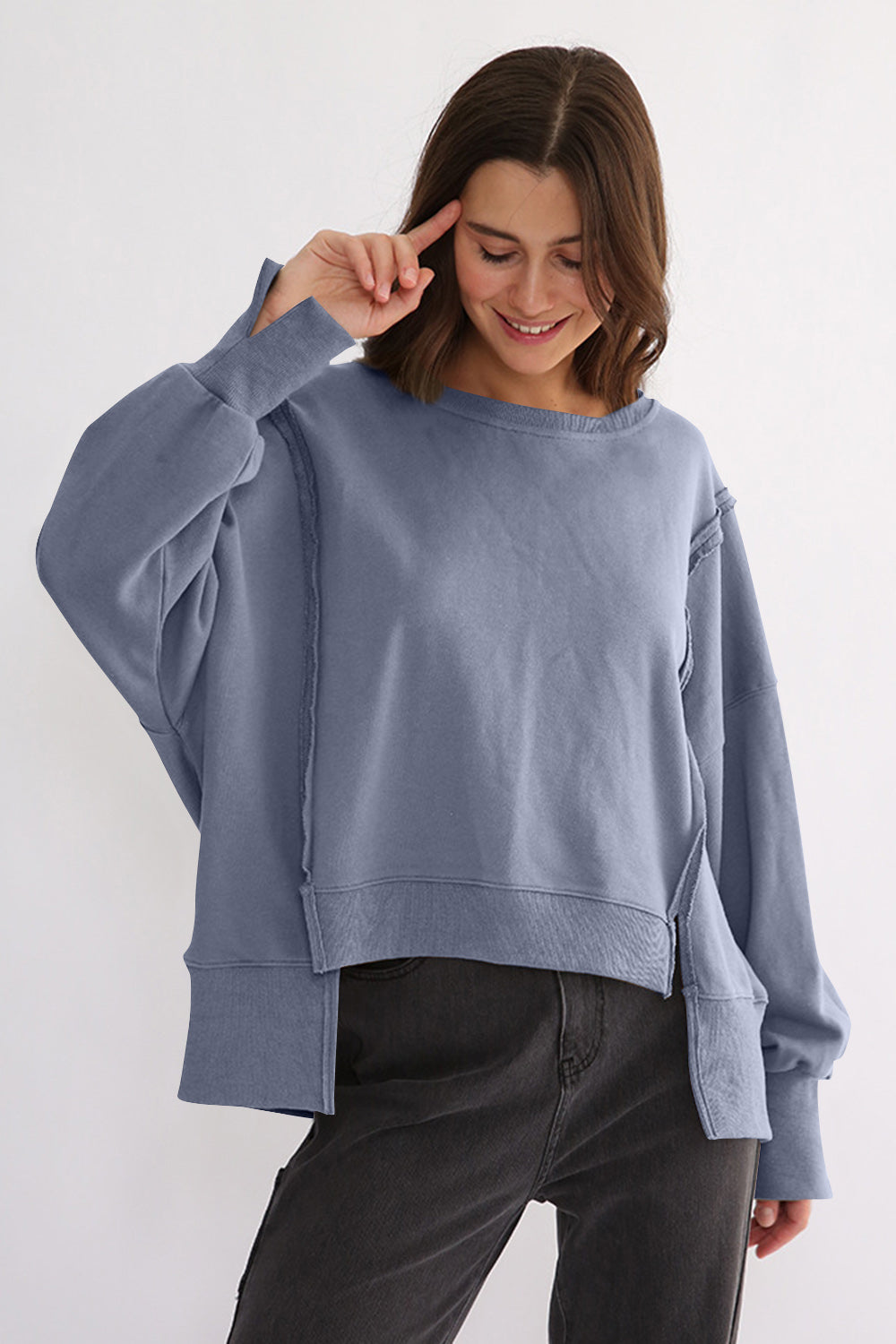 Outfit Flow - Exposed Seam High-Low Long Sleeve Sweatshirt