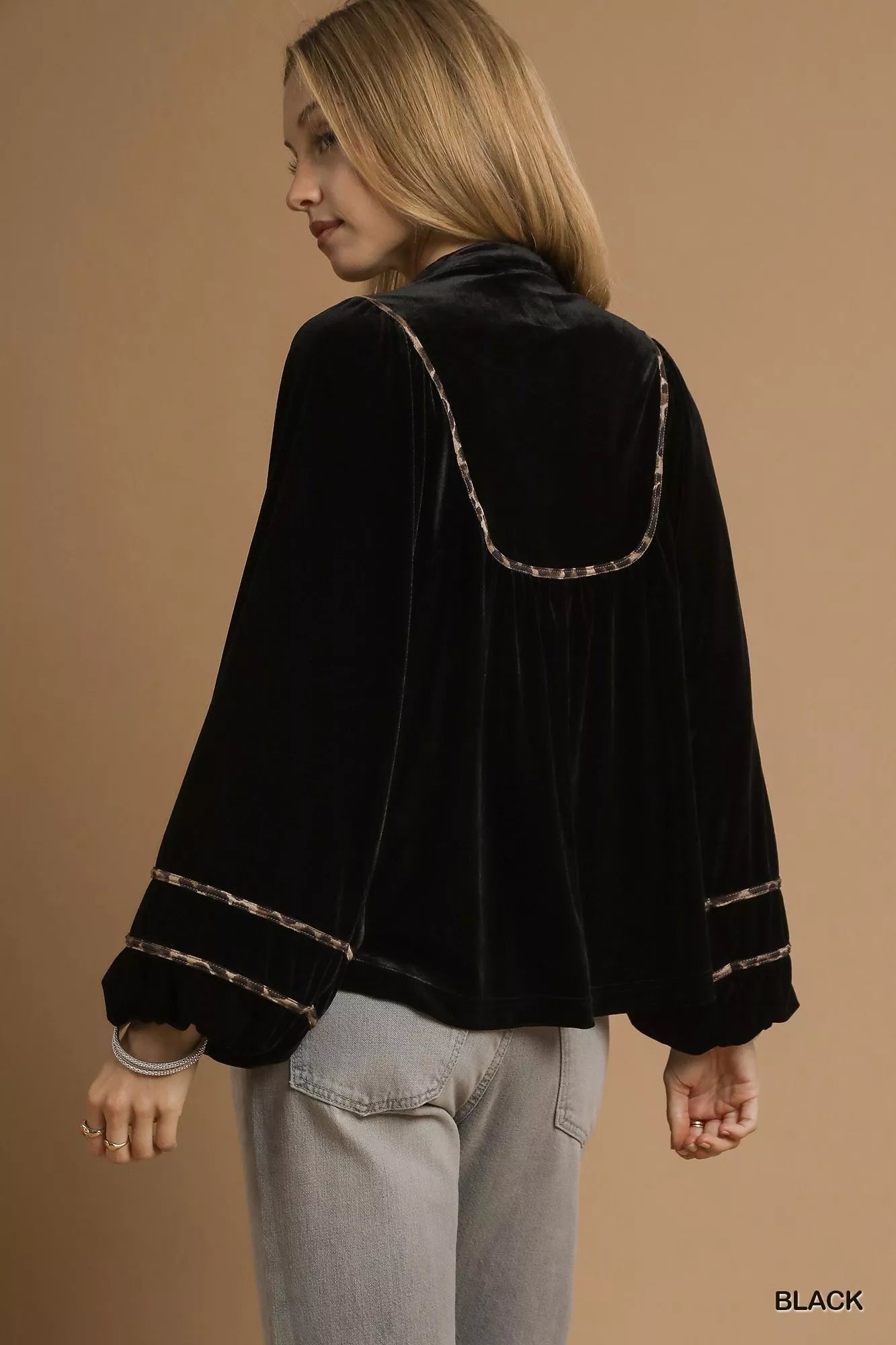 Umgee Velvet Long Sleeve Blouse with Contrast Trim OutfitFlow