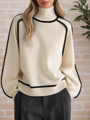 Contrast Trim Turtleneck Sweater Beige OutfitFlow