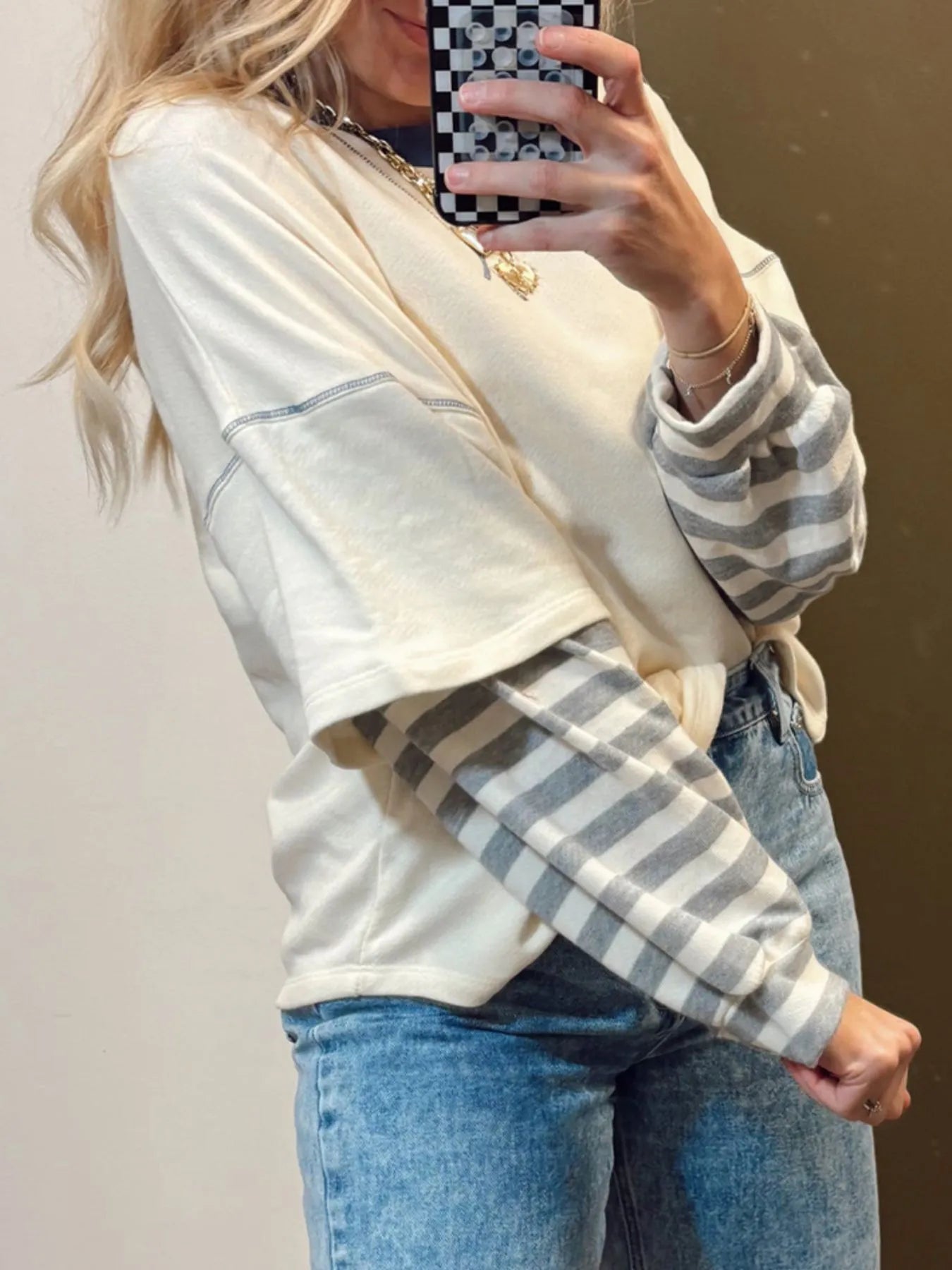 Striped Patchwork Long Sleeve Round Neck Two-in-one Top OutfitFlow